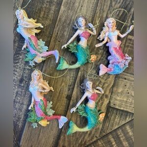 Set Of 5 Kurt Adler Mermaids Holding Shell in Blue And pink Ornament